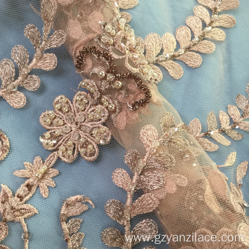 Orange Hand Beaded Embroidery Dress Lace Fabric